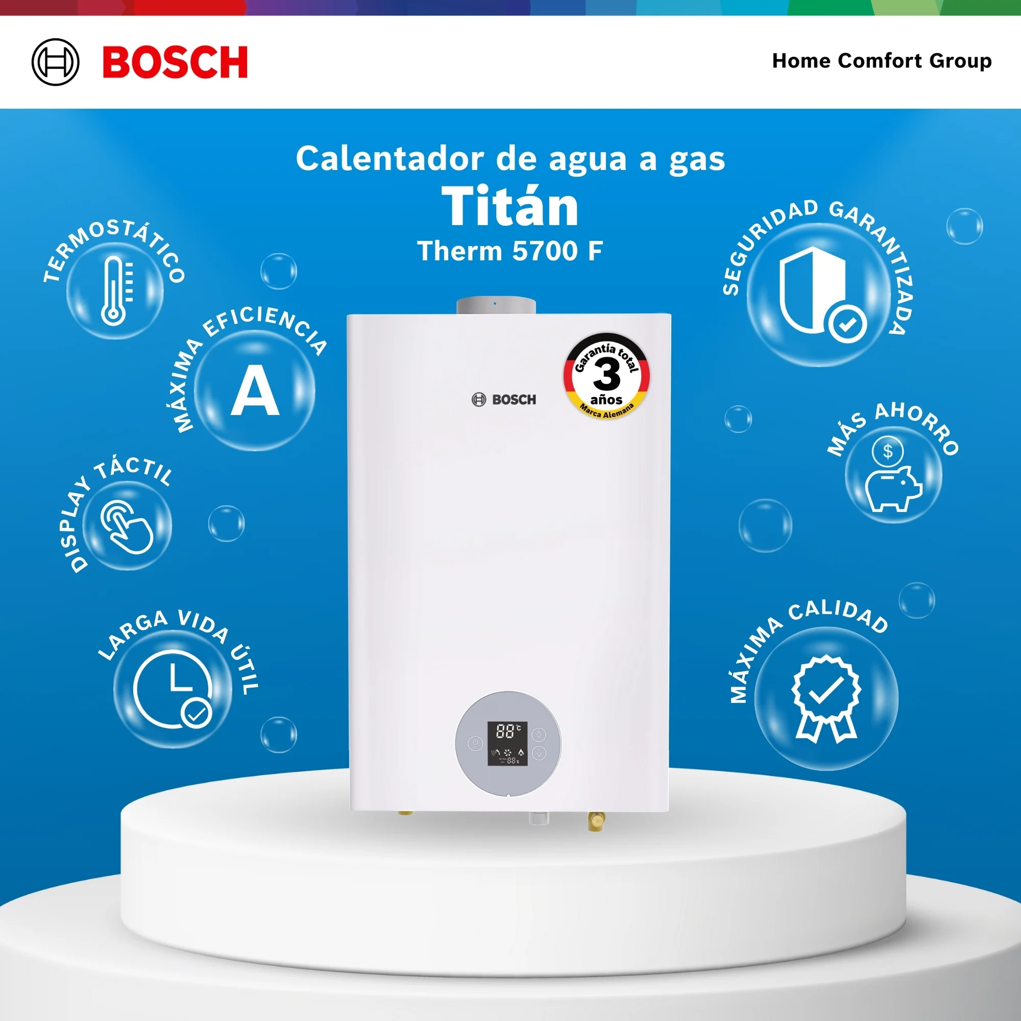 Calentador Bosch 26 litros vista frontal