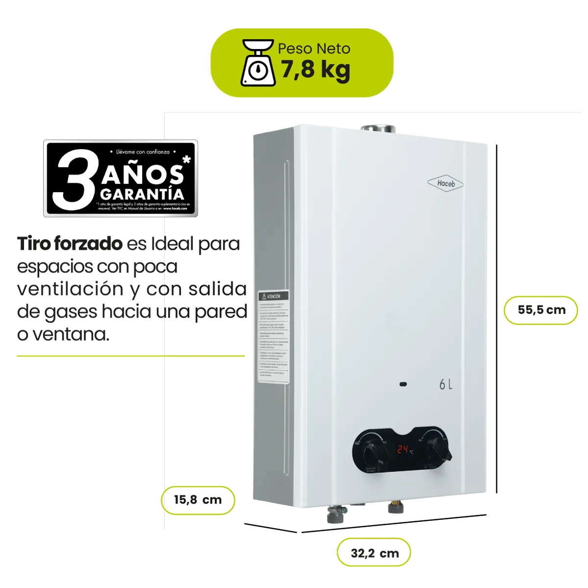 Calentador a gas 6 litros tiro forzado Haceb, garantía y medidas