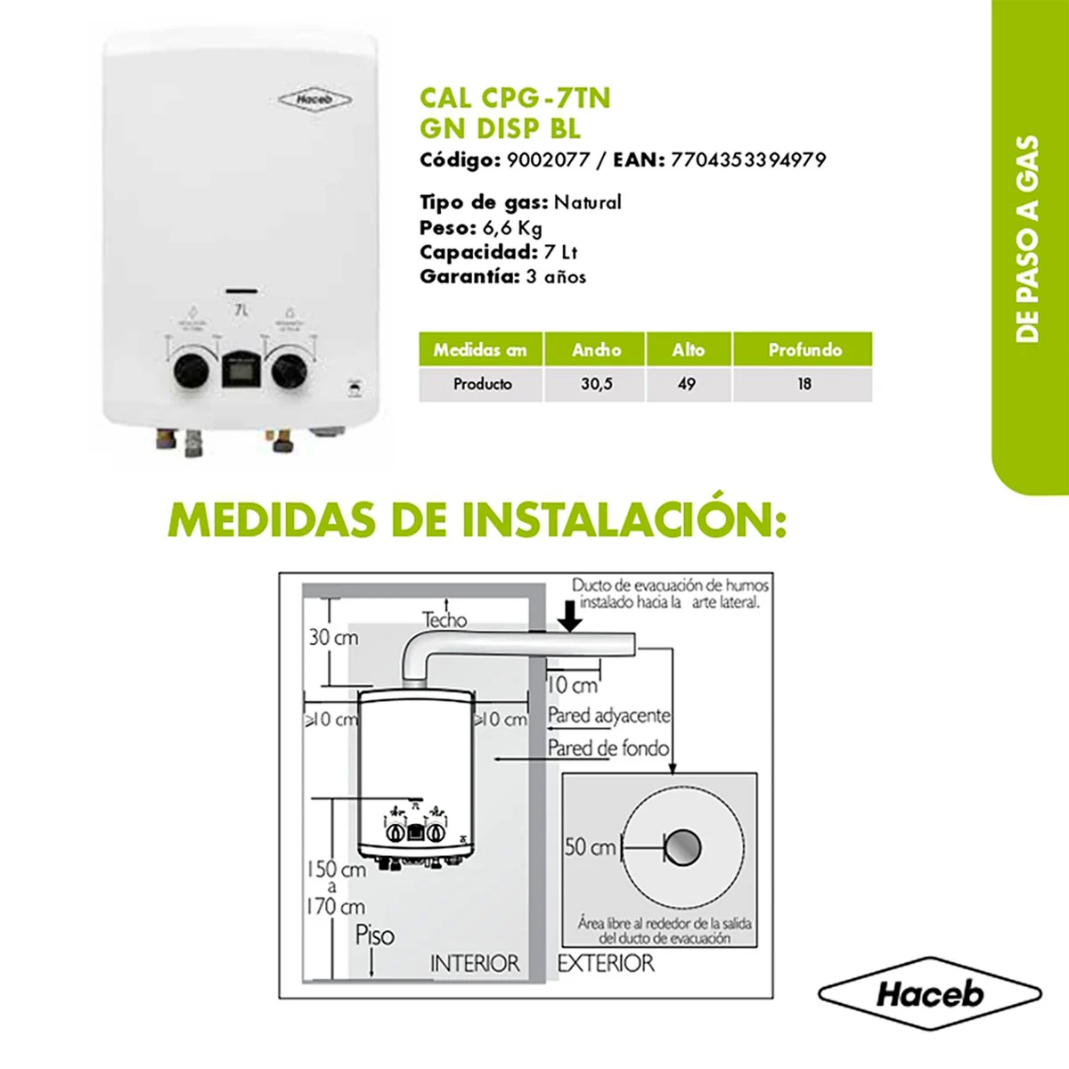 Medidas calentador de gas natural 7 litros 