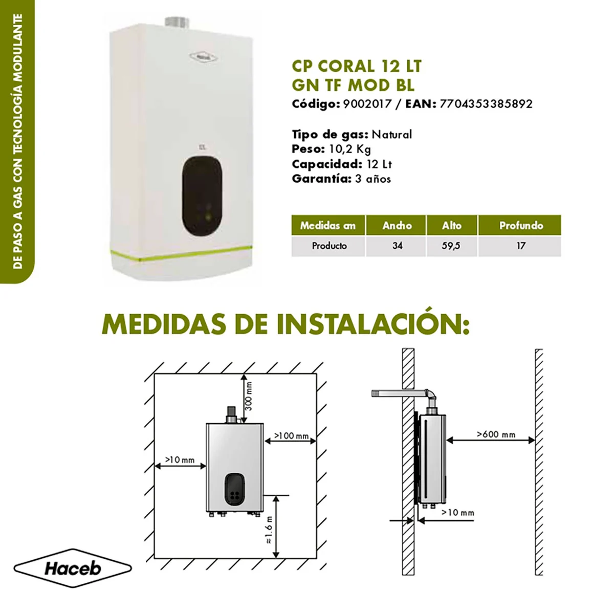 Medidas de instalación calentador Haceb 