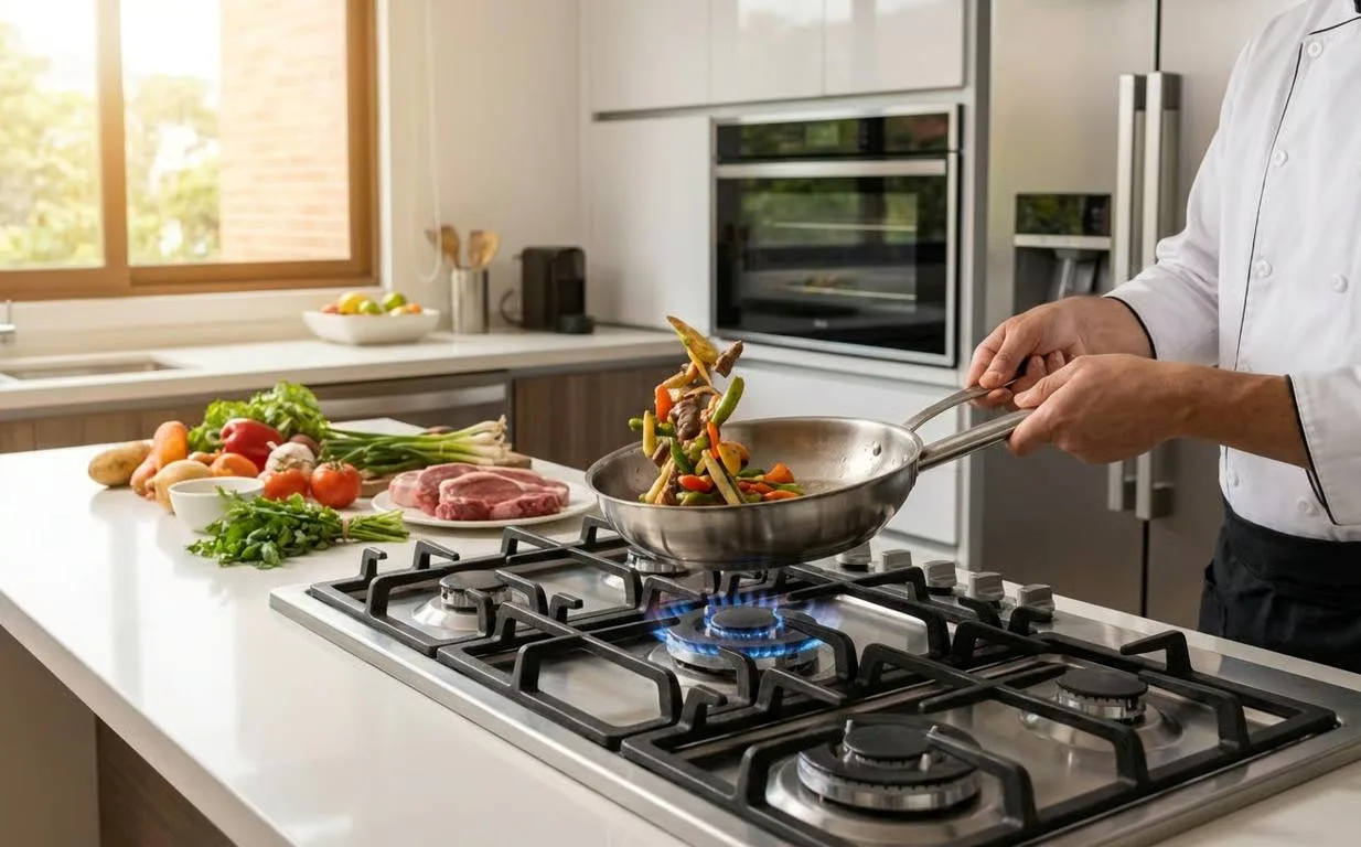 Persona aplicando técnicas de cocción en una cocina doméstica con estufa de gas de alta calidad.  