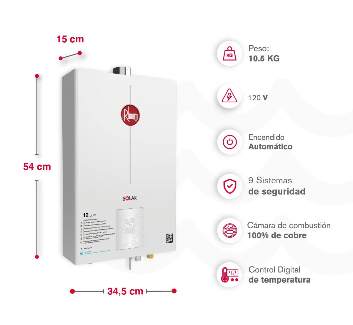 Medidas calentador de gas Rheem
