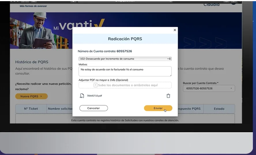 Tarjeta:  Cómo hacer PQRS en Mi Vanti en Línea