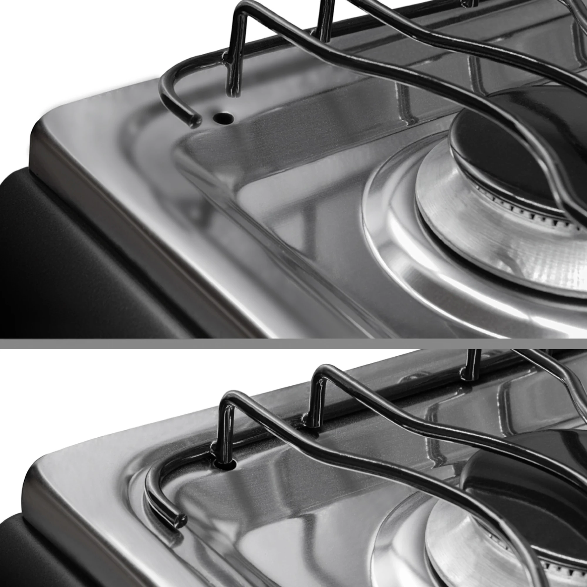 Detalle de parrillas y quemadores de la estufa de piso con horno Superior negra