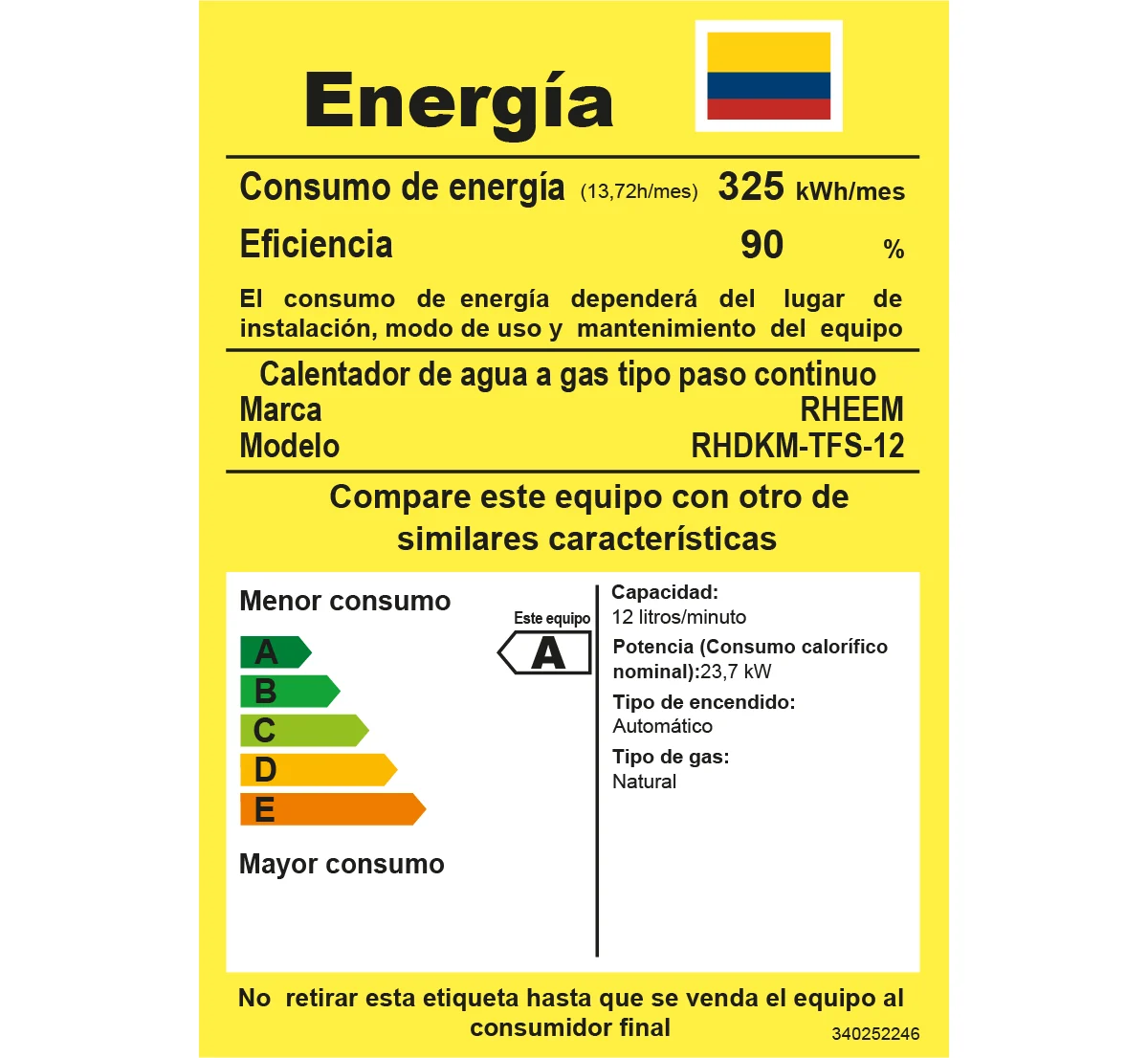 Especificaciones calentador de gas Rheem 