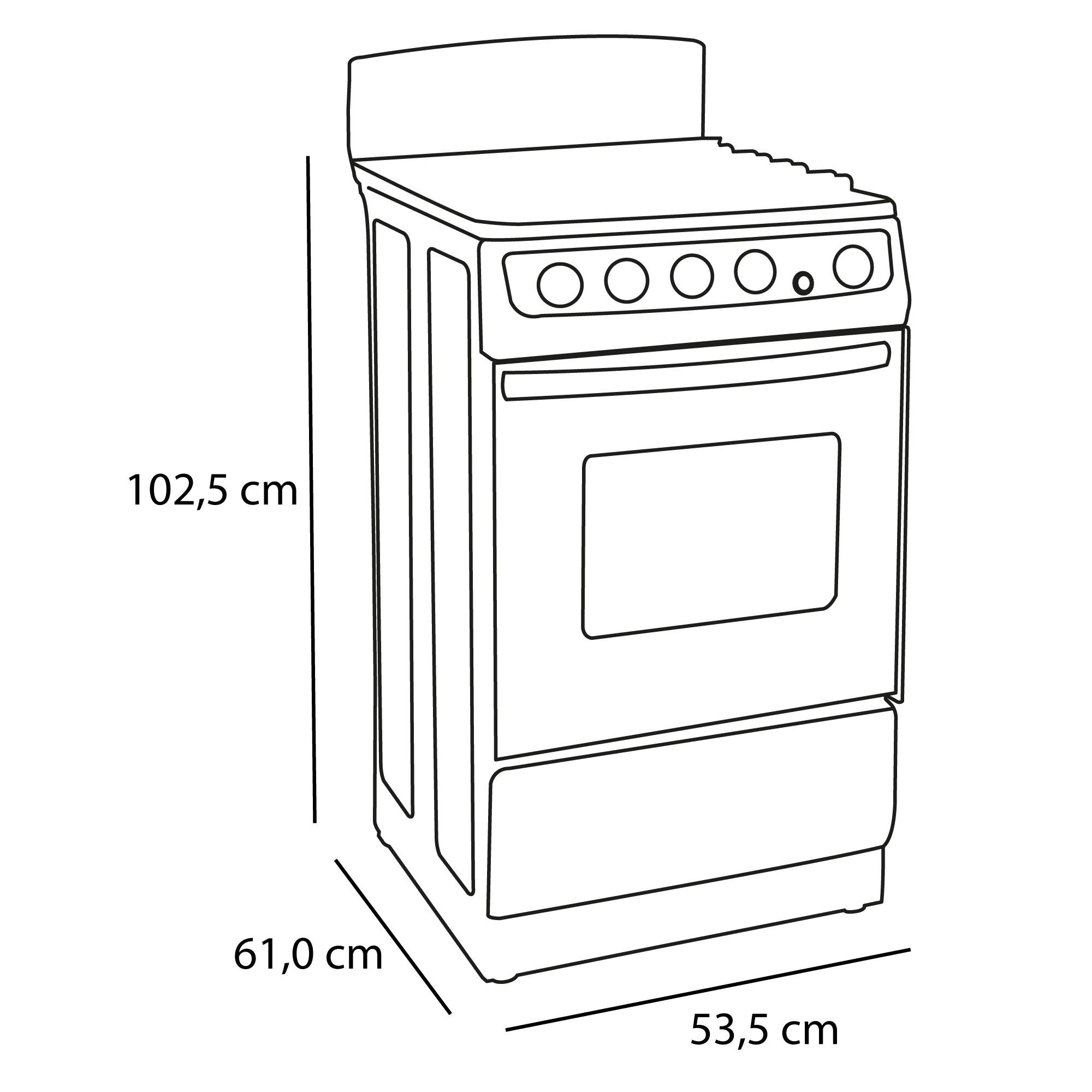 Diagrama de medidas de la estufa de piso con horno Superior 4 puestos negra