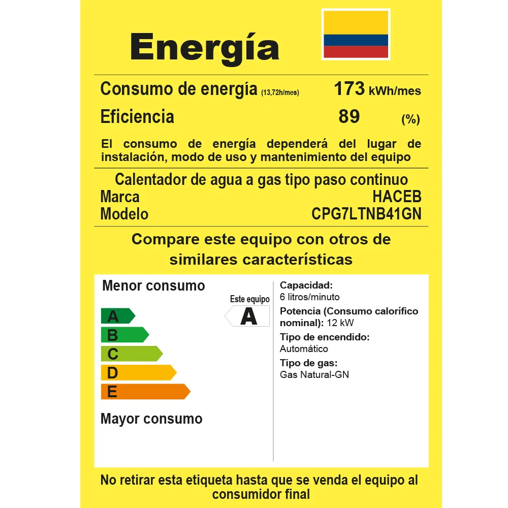 Especificaciones alentador 7 litros gas natural 