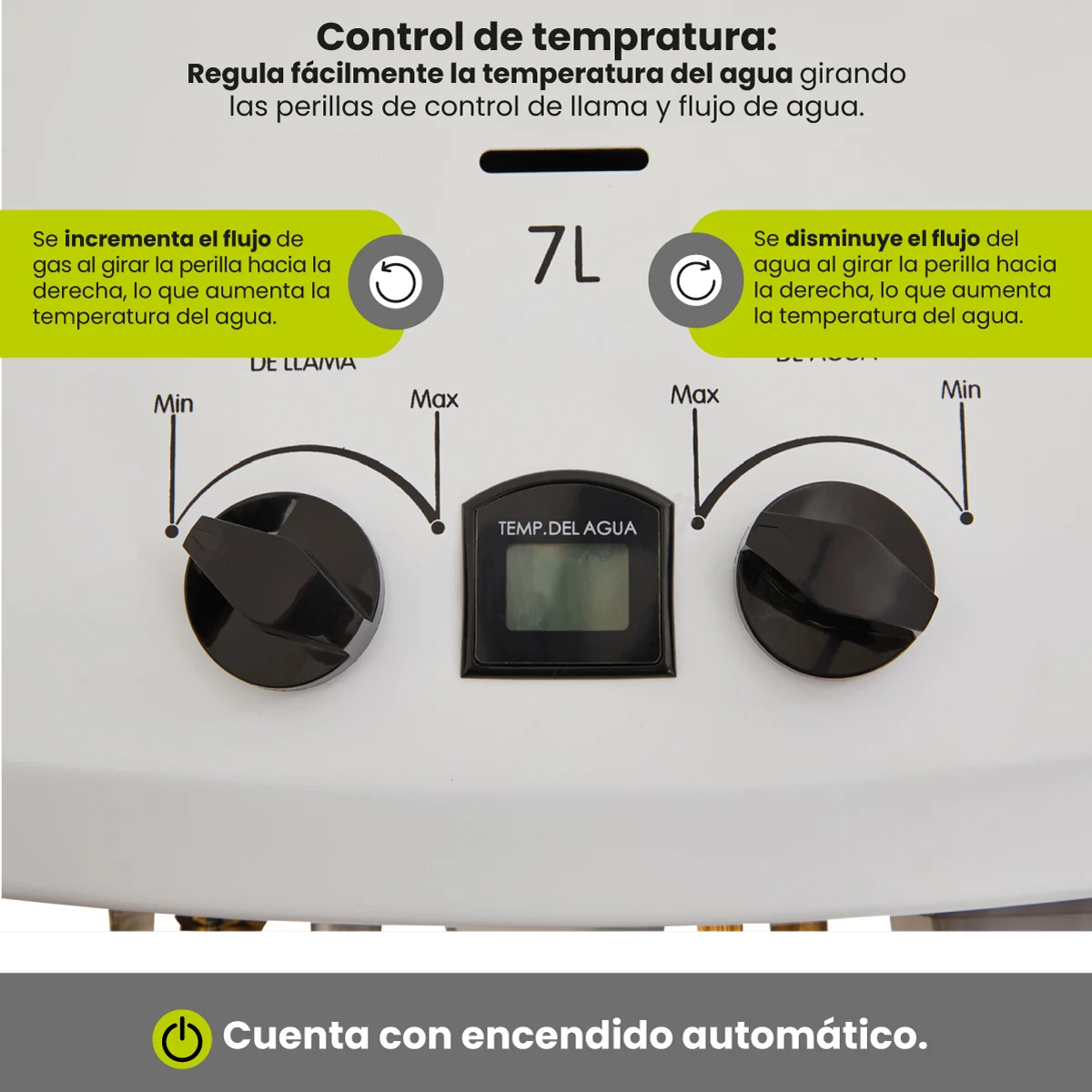 Panel de control y perillas del calentador Haceb 7 litros tiro natural
