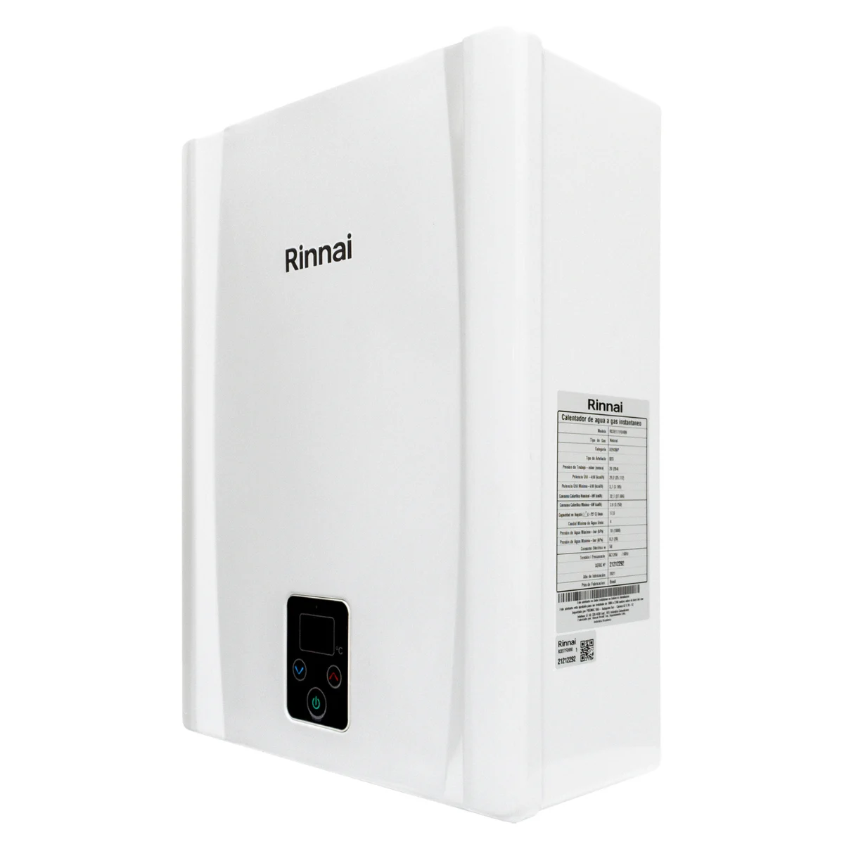Vista frontal de calentador de agua a gas natural blanco