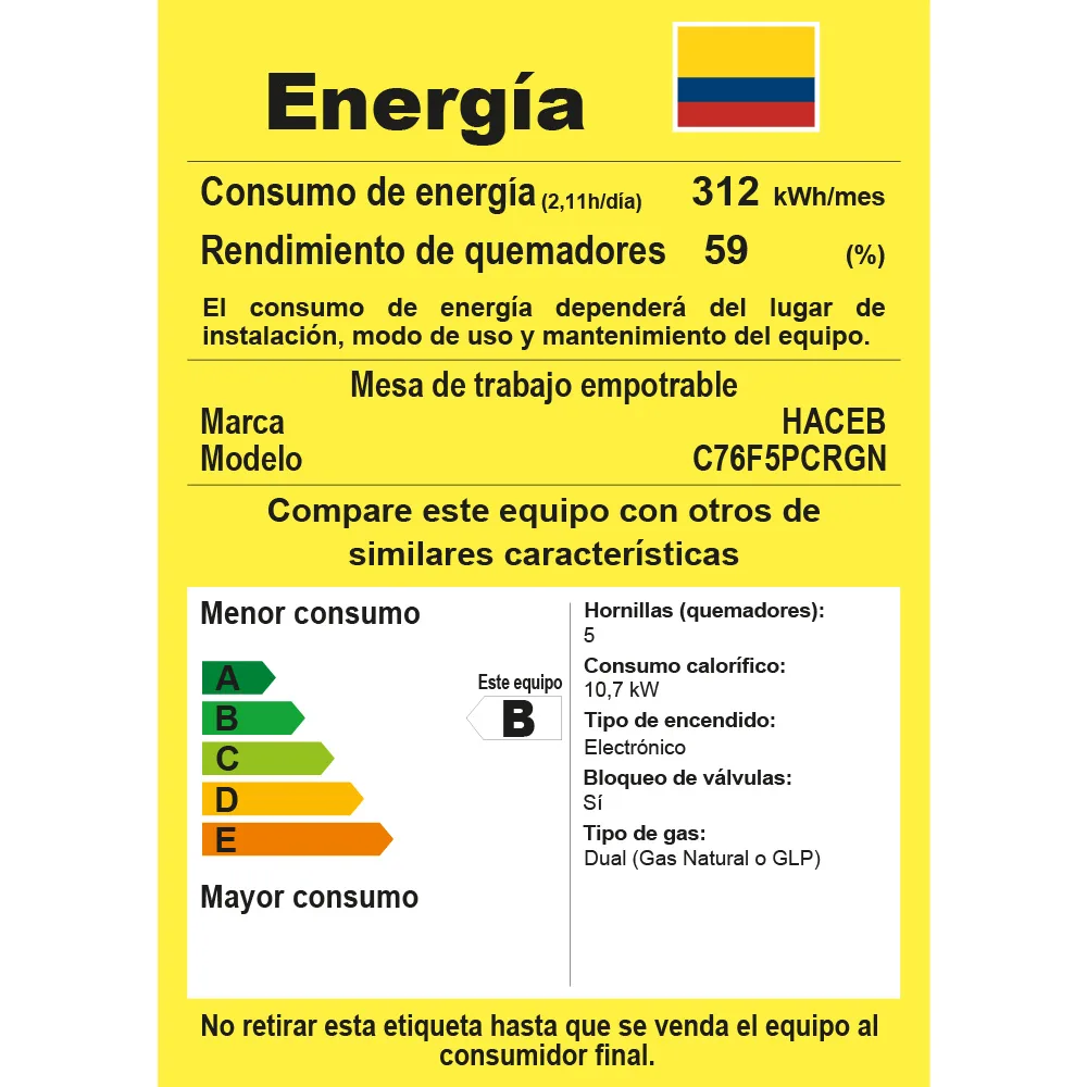 Alt text: Especificaciones estufa 5 puestos Haceb 