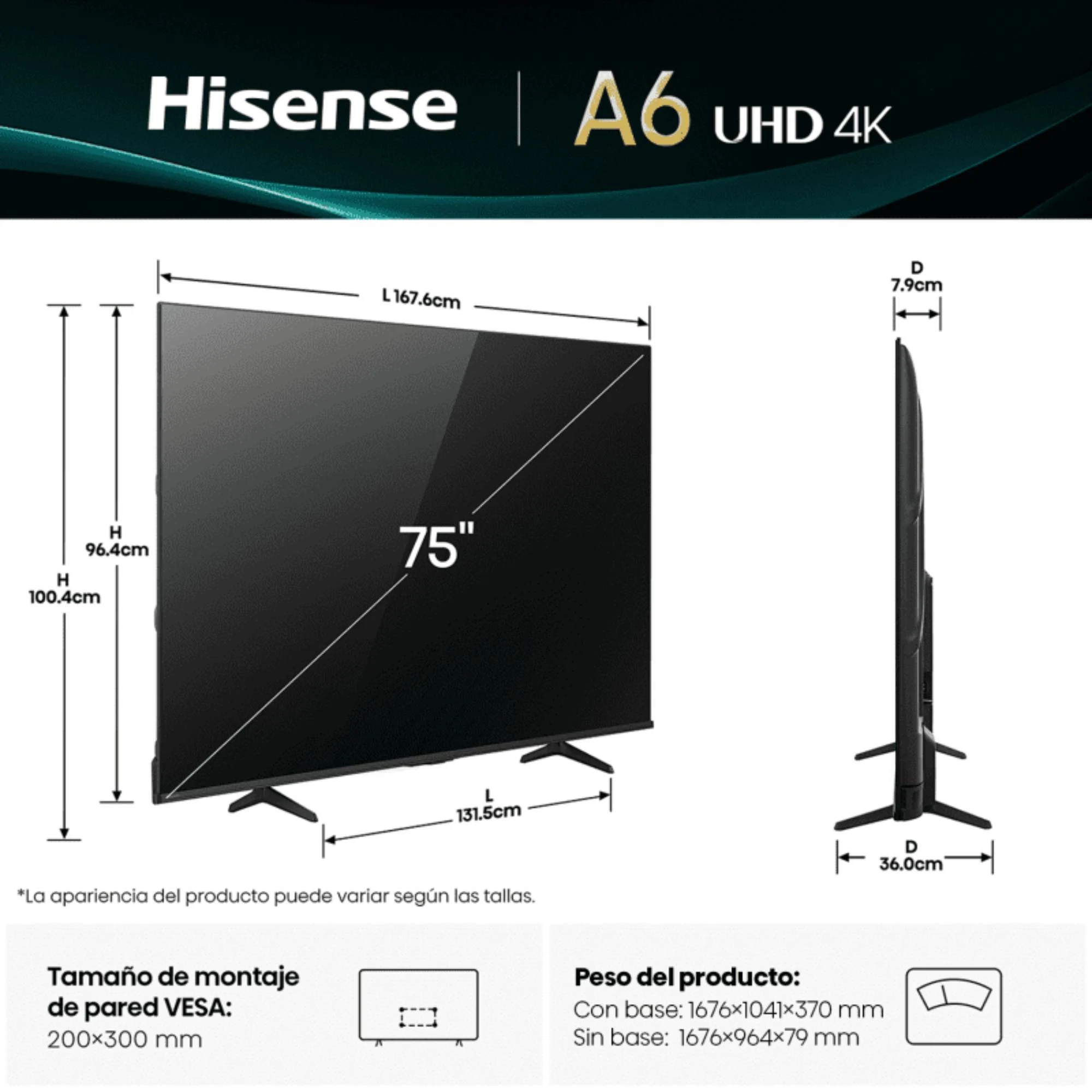 Televisor HISENSE 75 pulgadas UHD-4K A6NV