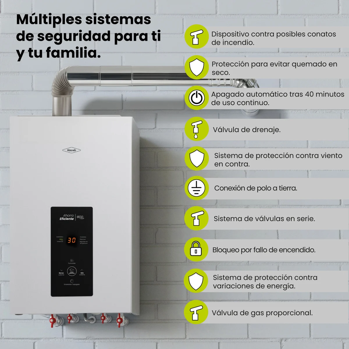 Sistemas de seguridad del calentador Haceb 15 litros tiro forzado modulante