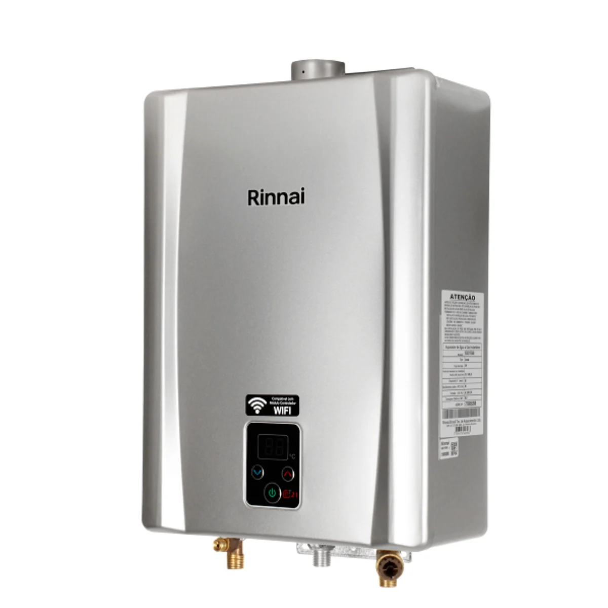Vista frontal del calentador de paso Rinnai gris.