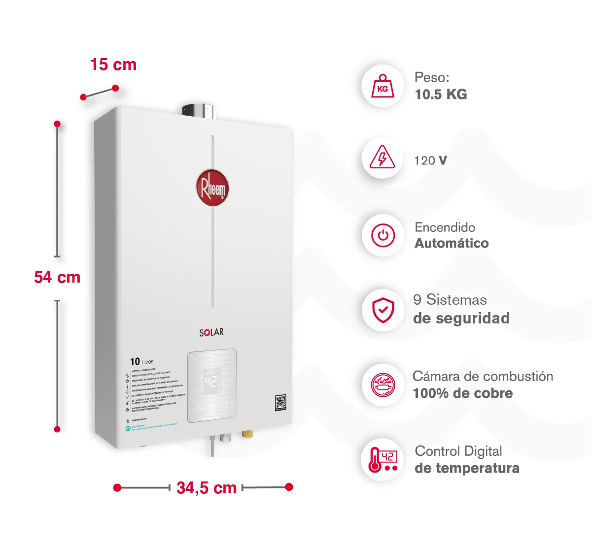 Medidas calentador de agua Rheem