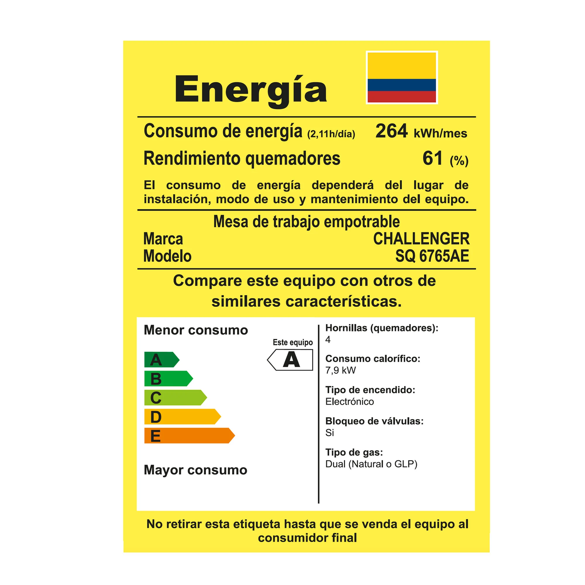 Especificaciones estufa challenger 4 puestos 