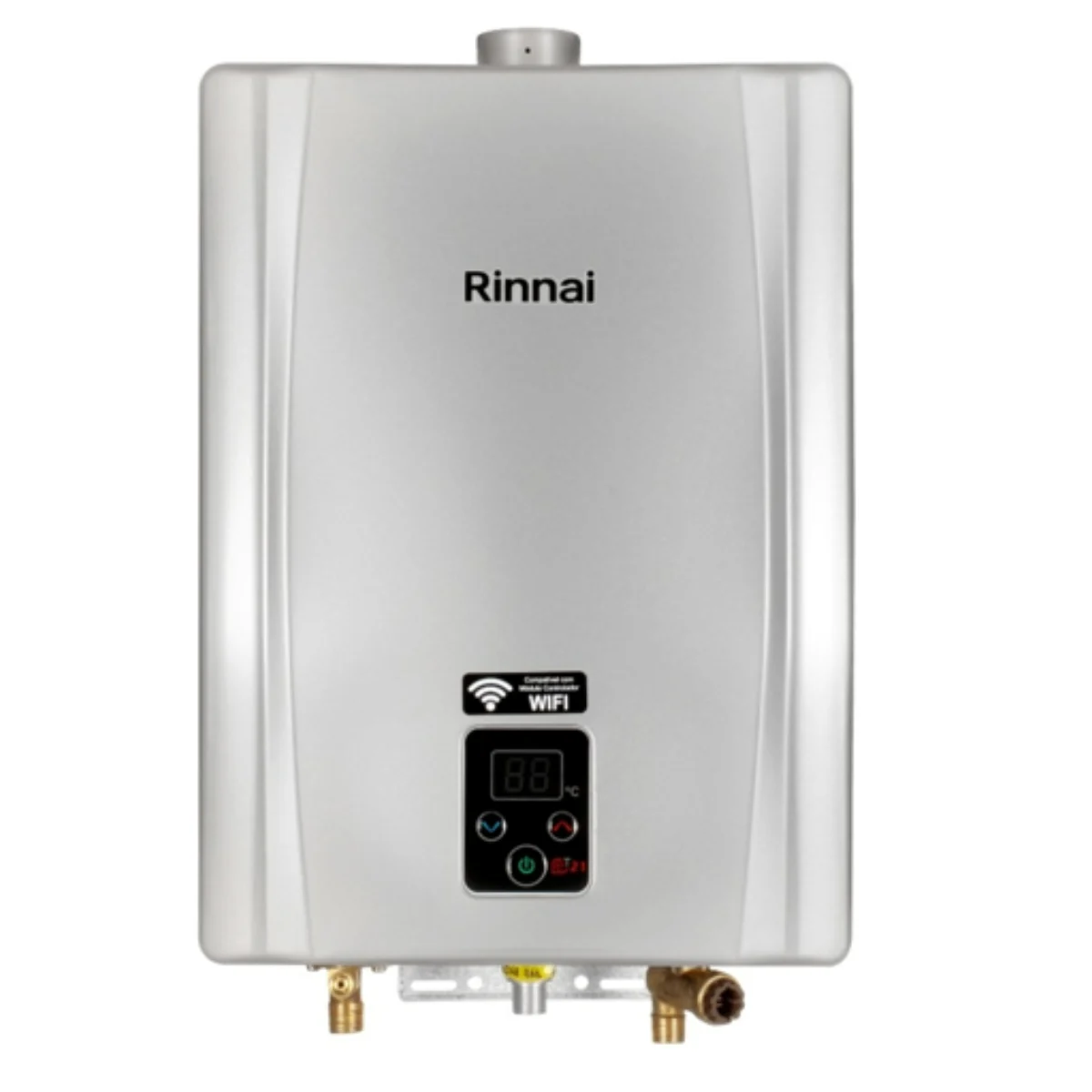 Calentador de paso Rinnai a gas natural en color gris.