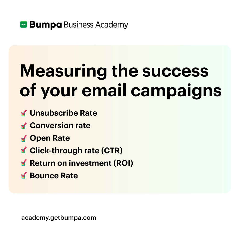 Text in image : "Measuring the success of your email campaigns". Other texts in image : Text in image:
Unsubscribe Rate
Conversion rate
Open Rate
Click-through rate (CTR)
Return on investment (ROI)
Bounce Rate