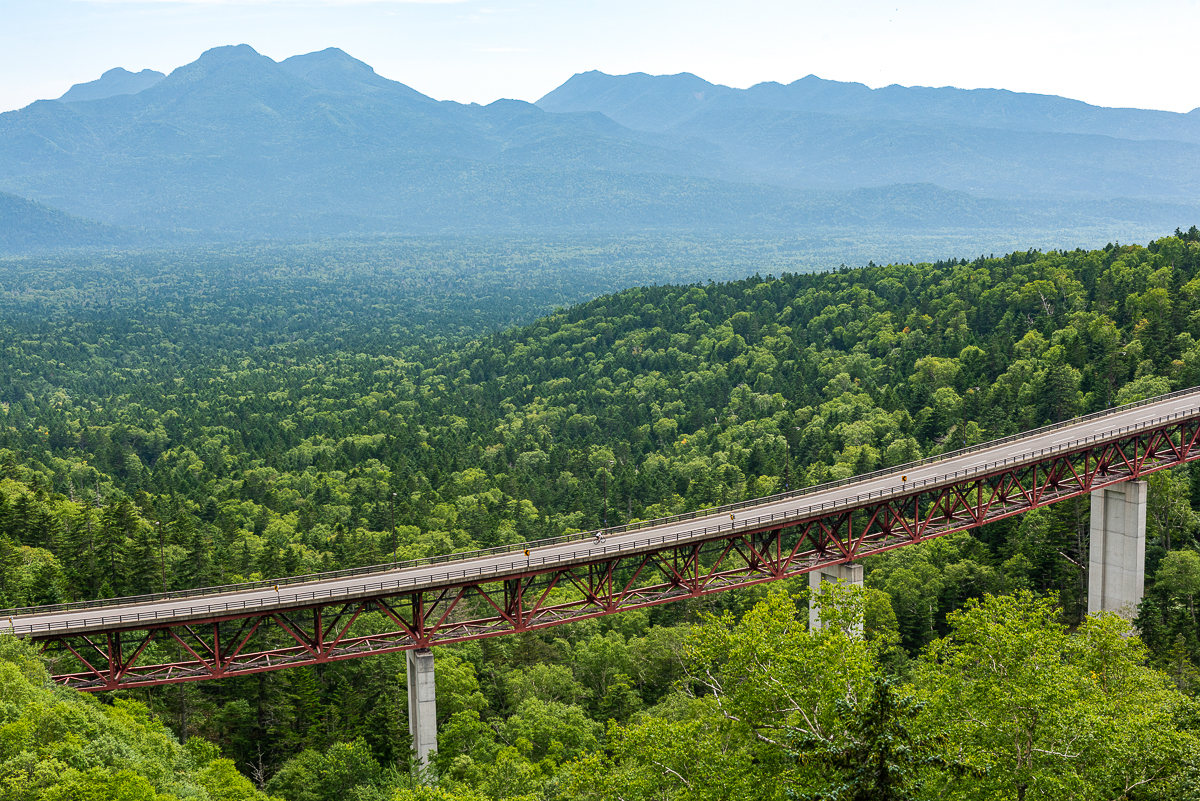 A cyclist rides above the tree tops over a bridge at Mikuni Pass in the Daisetsuzan National Park. The cyclist is dwarfed by the scale of the landscape.