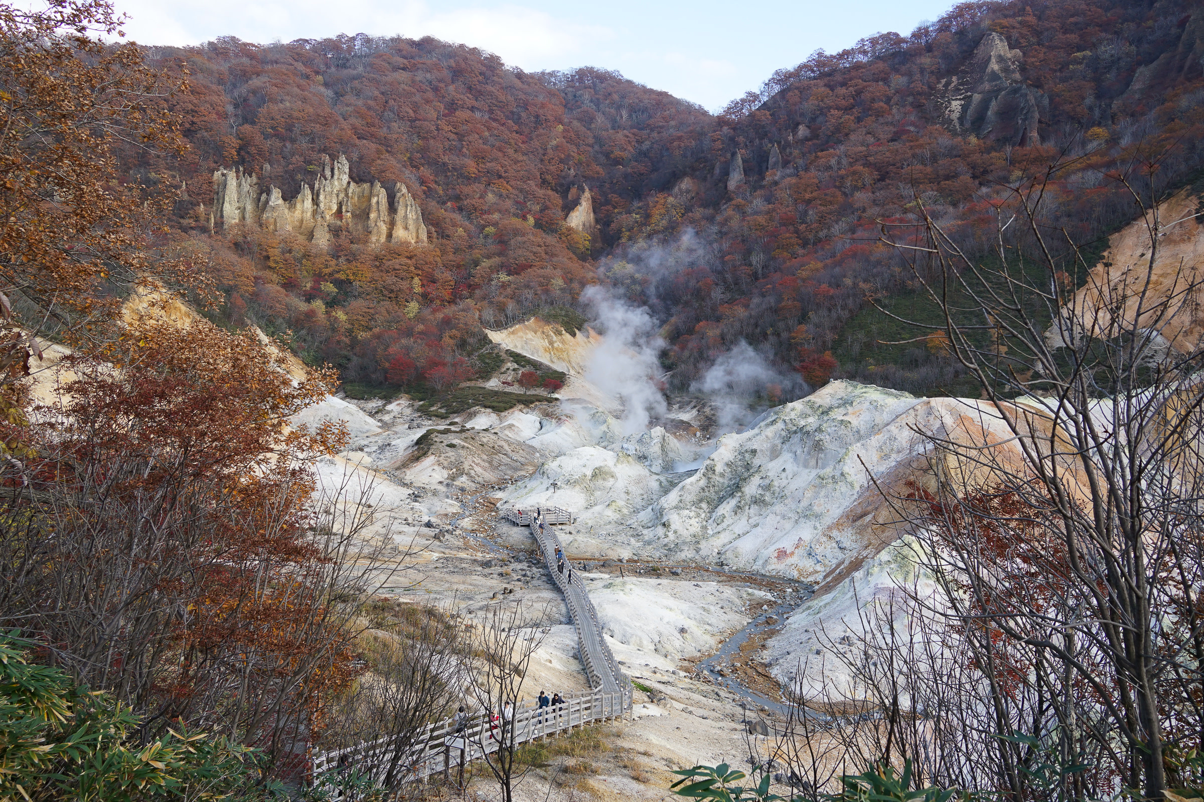 Steam rises from a volcanic landscape, and surrounding trees show off their late-autumn foliage.