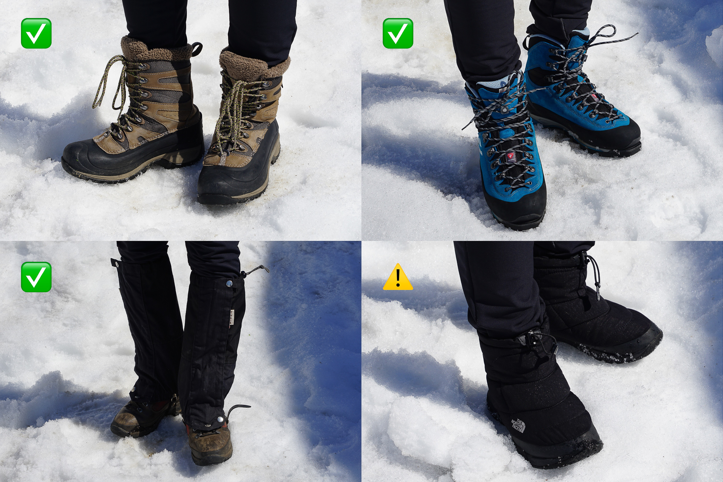Three examples of winter footwear that are suitable for snowshoeing with one example of winter boots that are not suitable for snowshoeing.