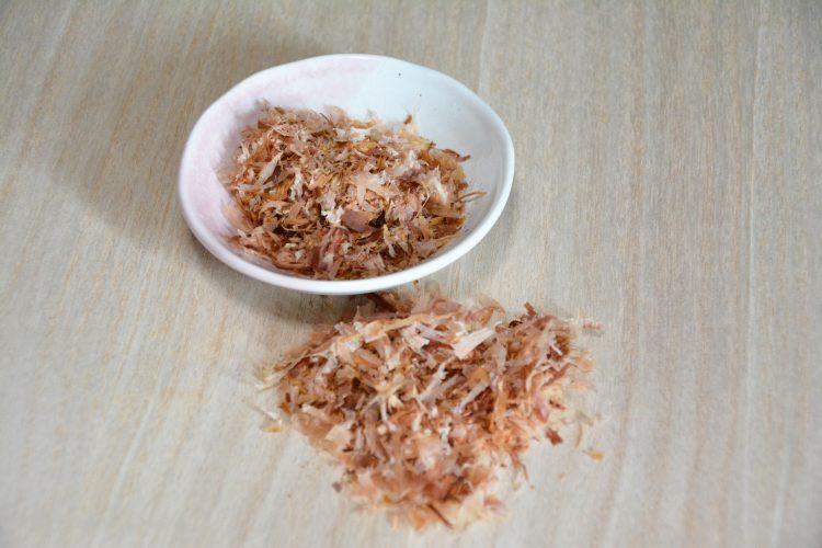 A small dish of katsuoboshi, bonito fish flakes commonly used in Japanese cooking.
