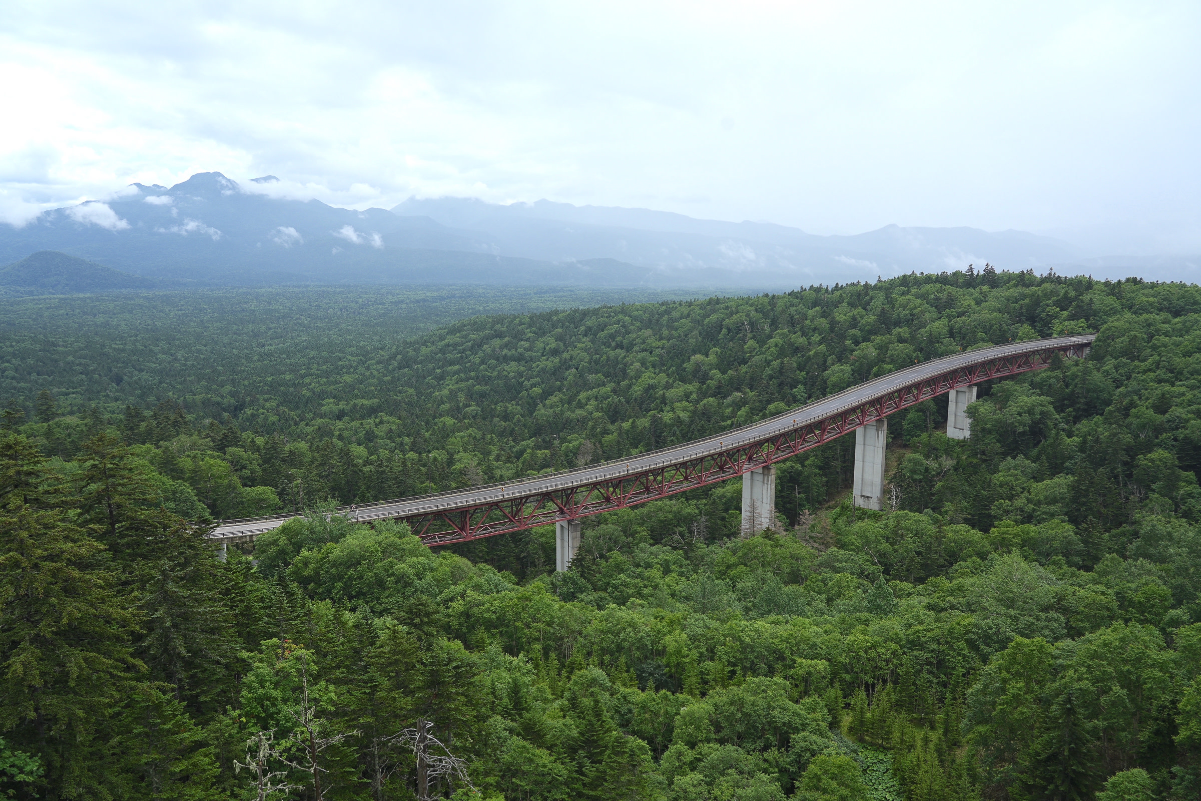 Mikuni Pass viaduct road in the middle of green forests with the Daisetsuzan mountains on the backdrop.