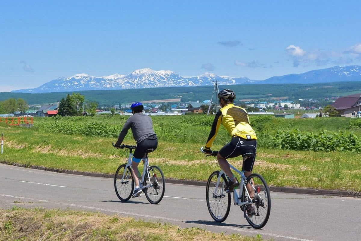 Cycling in Hokkaido with mountain views