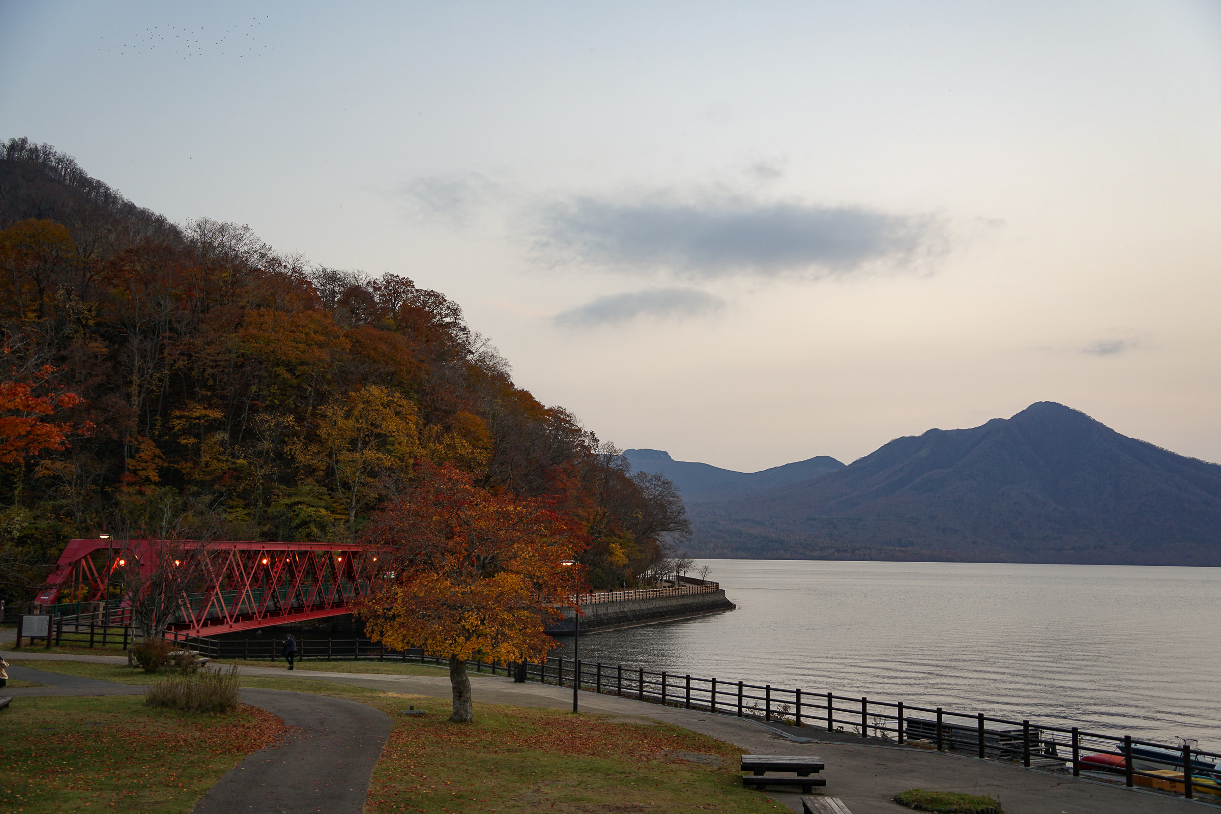 A park on the lakeside of Lake Shikotsu. A red iron bridge to the left leads into a small, forested area.