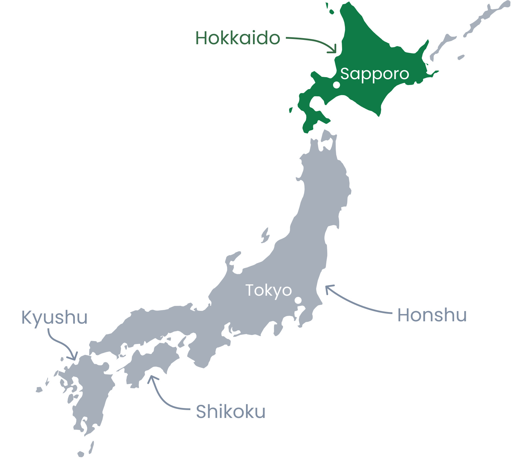 A map of Japan with the island of Hokkaido highlight in green. The four major islands of Japan, Hokkaido, Honshu, Shikoku and Kyushu are labeled - as are the locations of Sapporo and Tokyo.