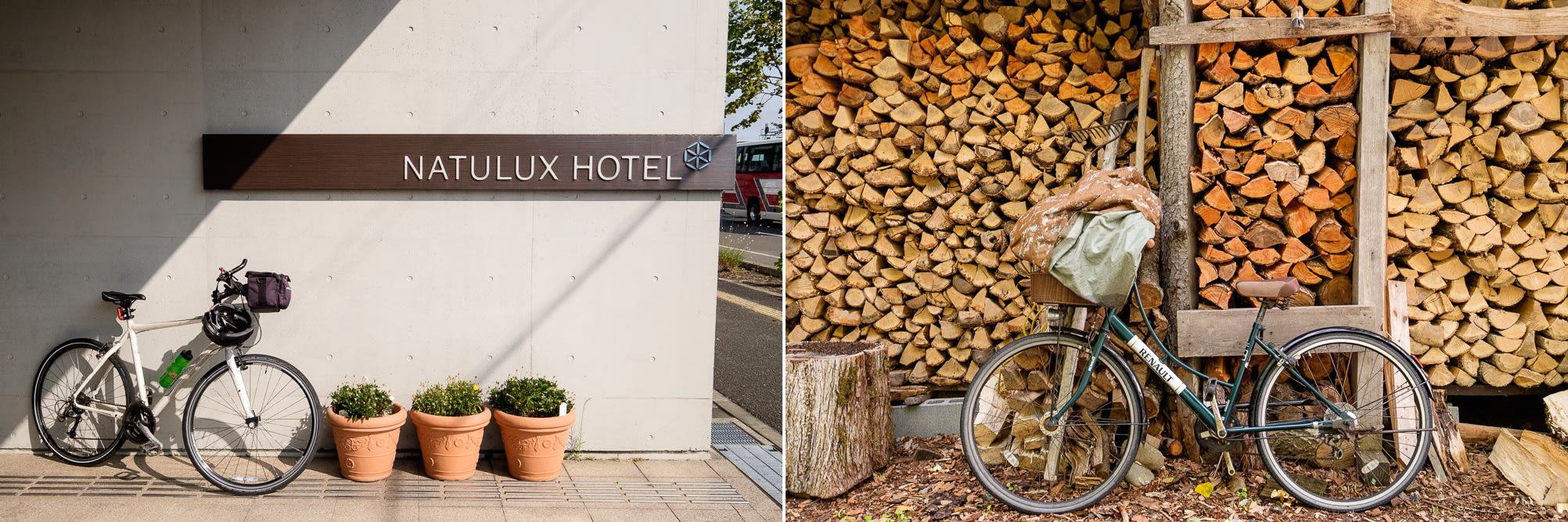 A collage of two photos show a bike outside a modern concrete hotel on one side and an old bike outside a rustic pile of cut logs on the other.