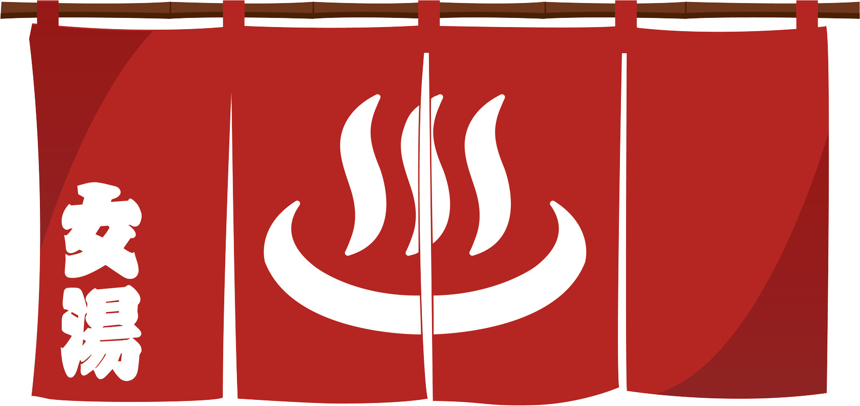 An illustration of a red "noren" flag used to mark the entrance to a female hot-spring. The flag has the Japanese characters 女湯 printed on it.