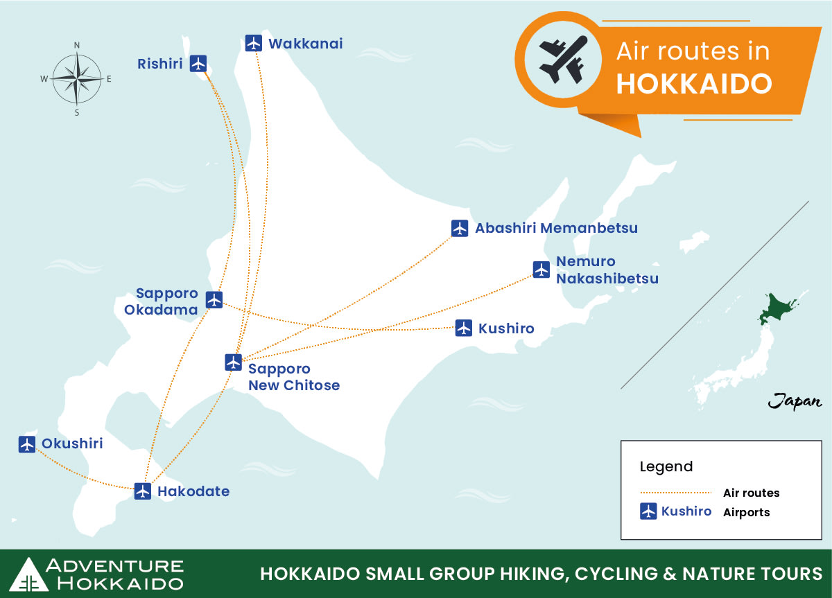 Map of air routes within Hokkaido. It shows connections between Sapporo and Abashiri, Nemuro, Kushiro, Wakkanai, Rishiri and Hakodate. There are also connections between Hakodate and Okushiri, Sapporo Okadama and Rishiri, Hakodate and Kushiro.