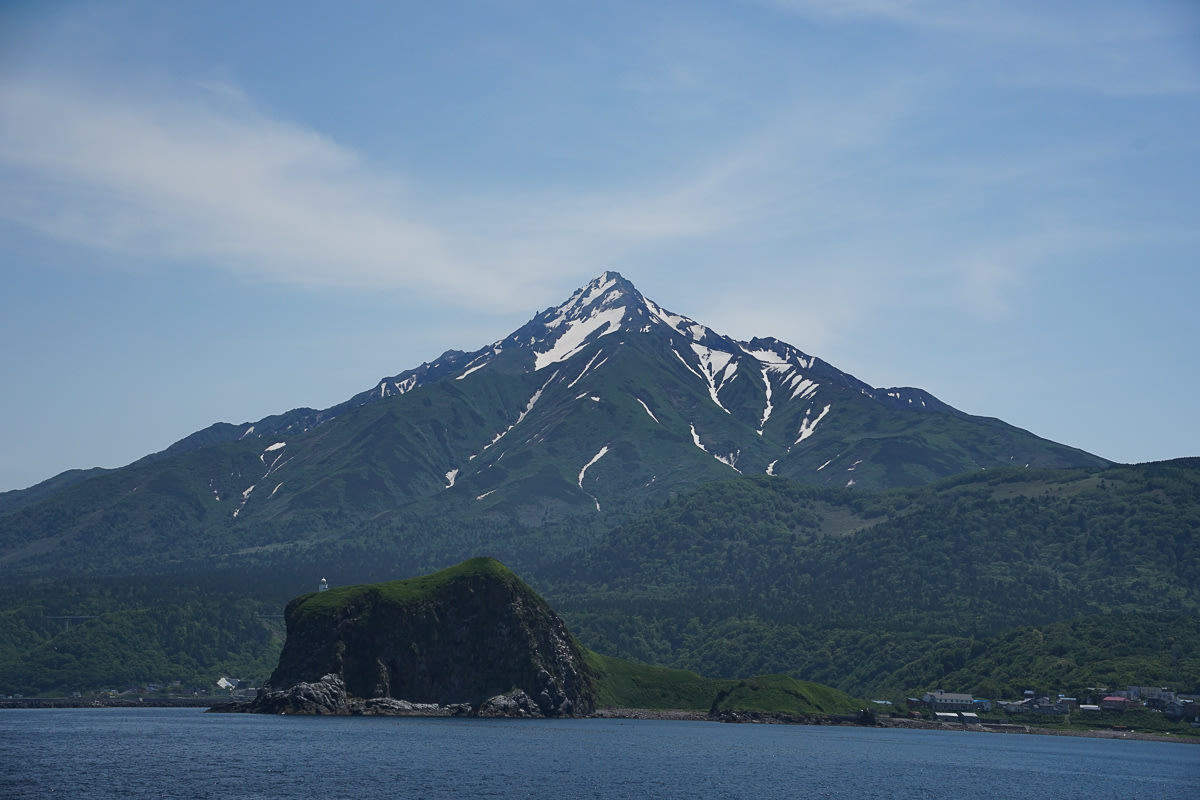 Triangular peak of Mount Rishiri seen from the ferry