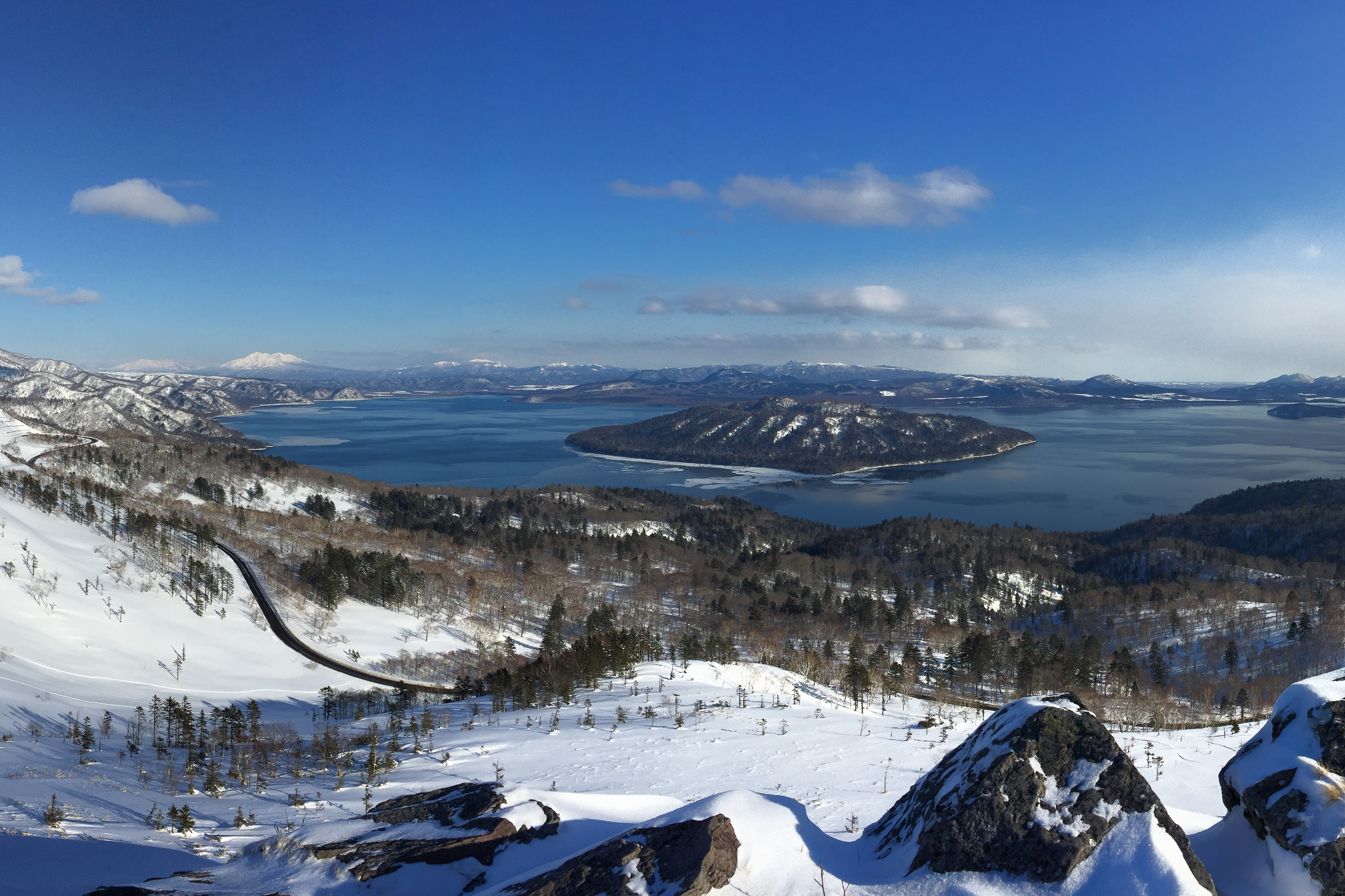 View of Lake Kussharo from Bihoro Pass in winter