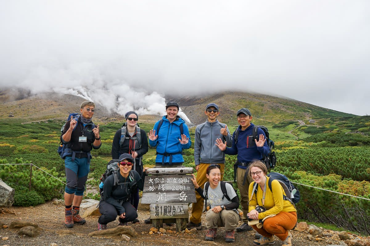 At the first view point with Asahidake on the backdrop (behind the clouds)