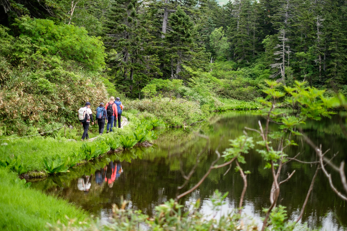 A group of hikers are reflected in the still Midori pond as they hike through the lush green landscape