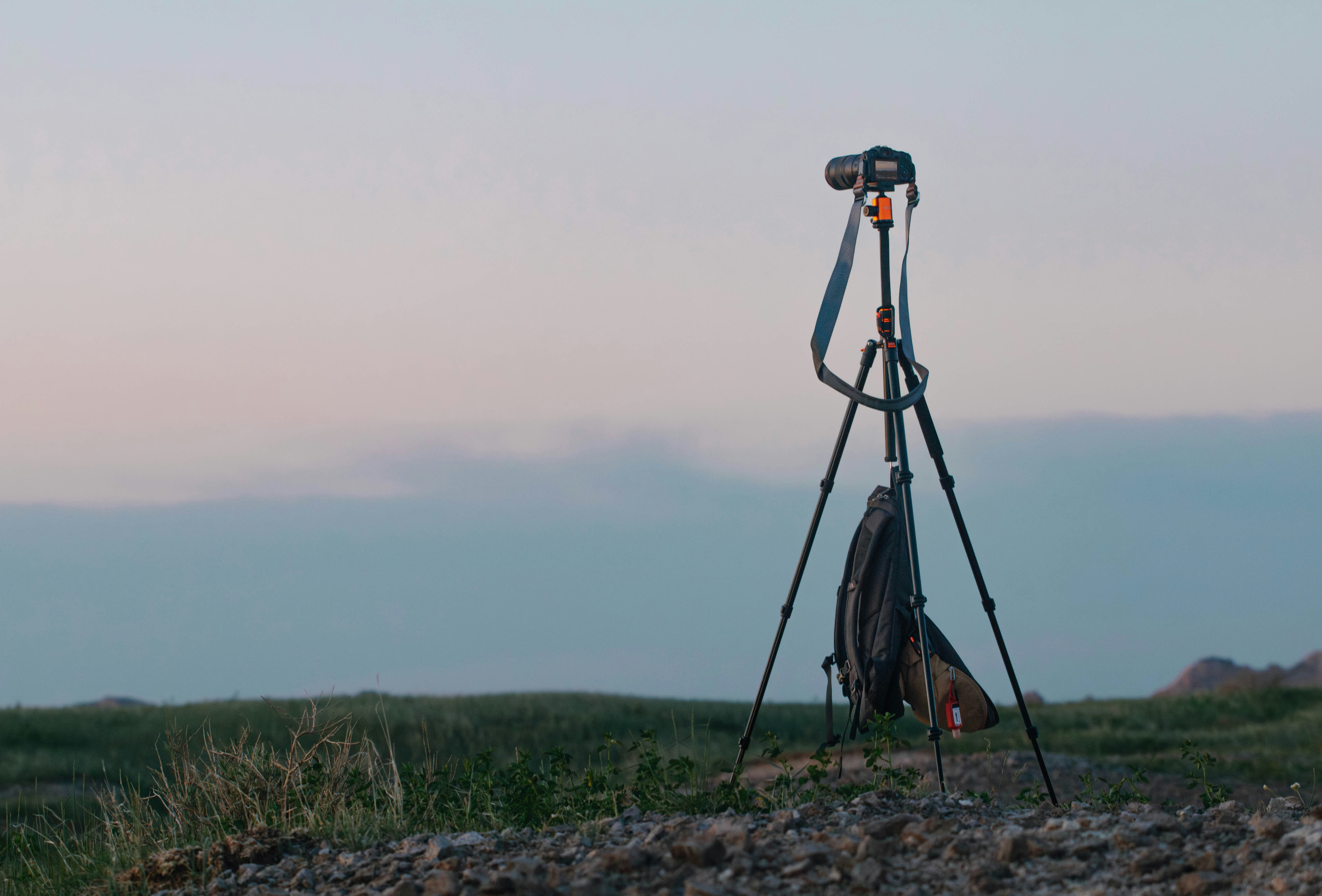 A tripod stands at the edge of a field in the early morning. A camera is mounted on top of it.