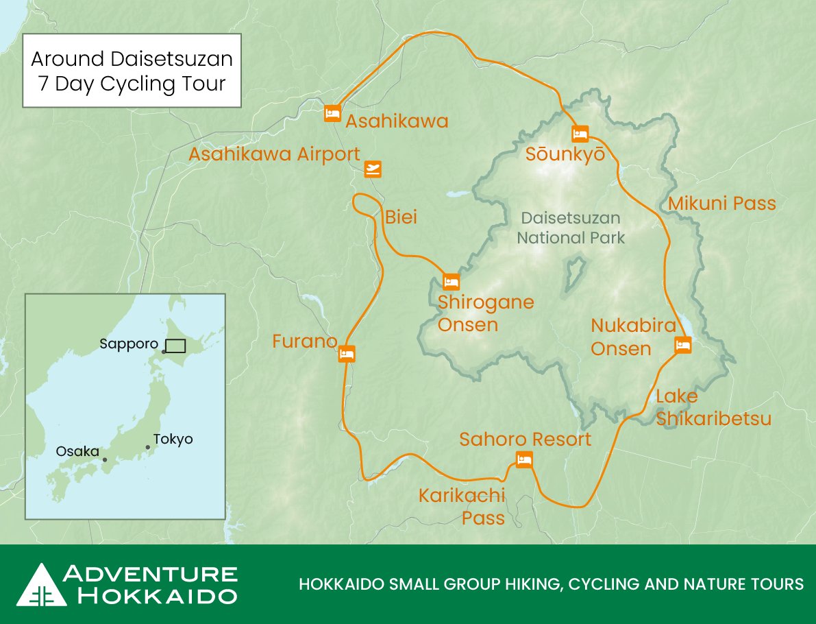 A map shows the route of Adventure Hokkaido's Around Daisetsuzan 7 Day Cycling Tour.