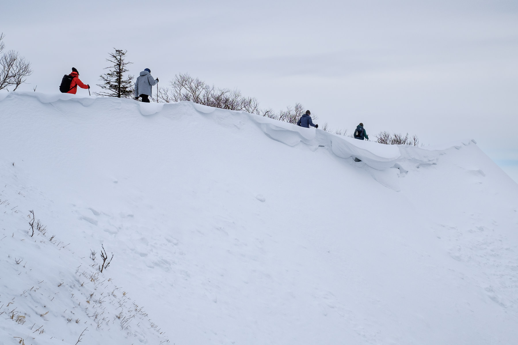 A group of snowshoers walk past a cornice on the ridgeline above Lake Mashu