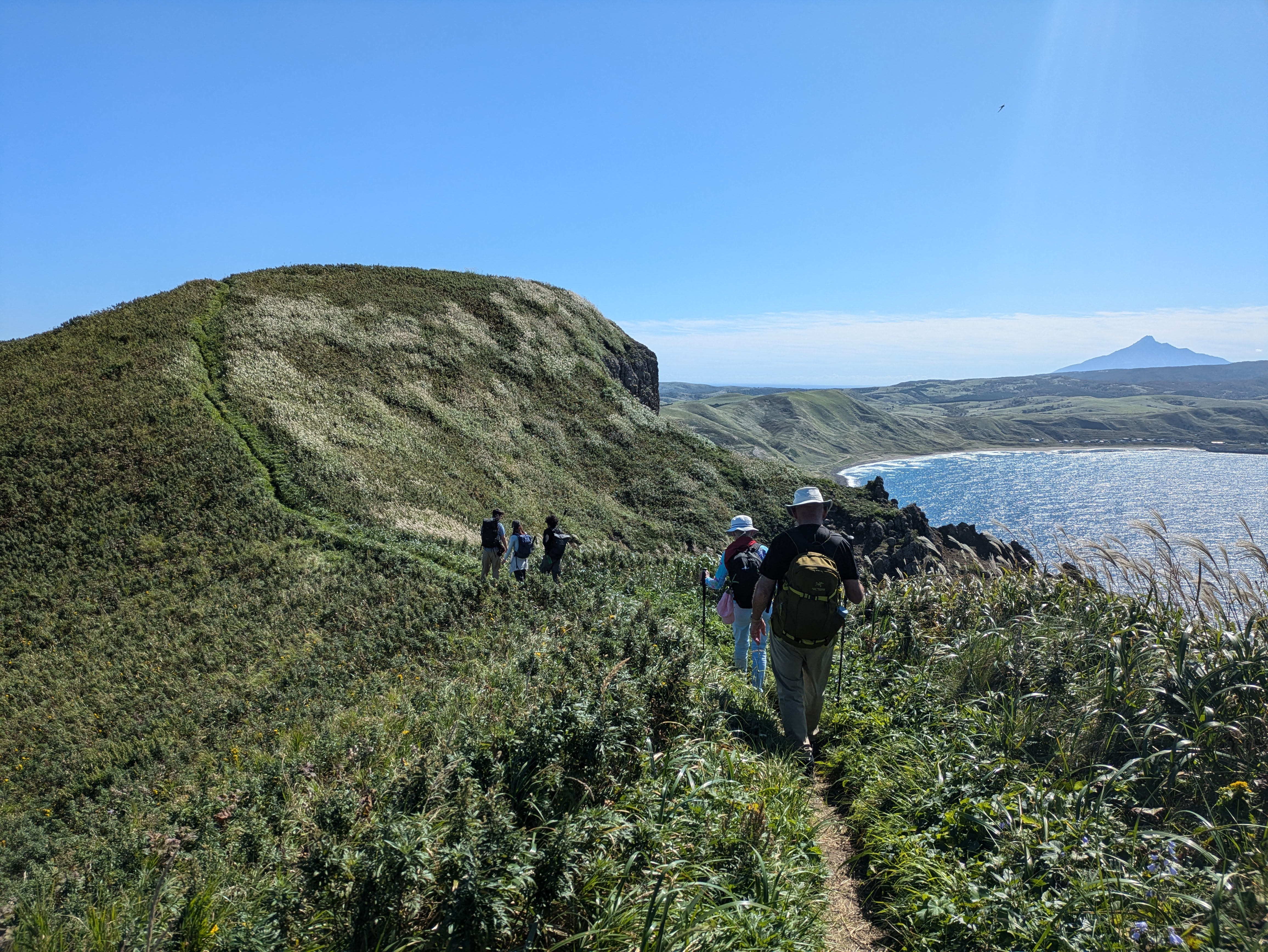 A group of hikers make their way along dirt path on the Misaki Meguri hike on Rebun Island, Hokkaido. The edge of a bay is visible in the middle distance and the peak of Mt. Rishiri rises above the horizon. It is a very sunny day.