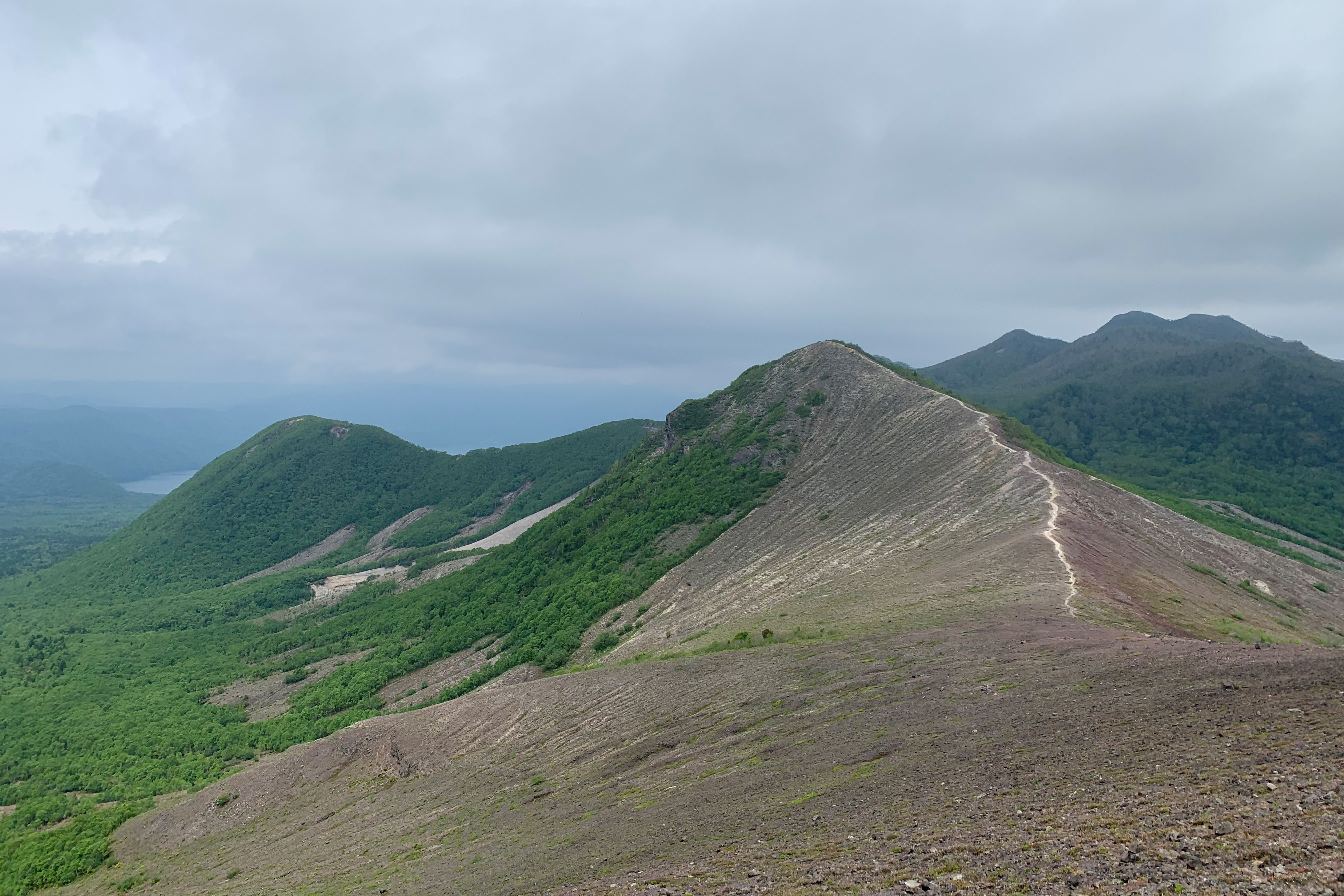 An exposed ridgeline runs from Mt Tarumae towards Lake Shikotsu in the Shikotsu–Toya National Park