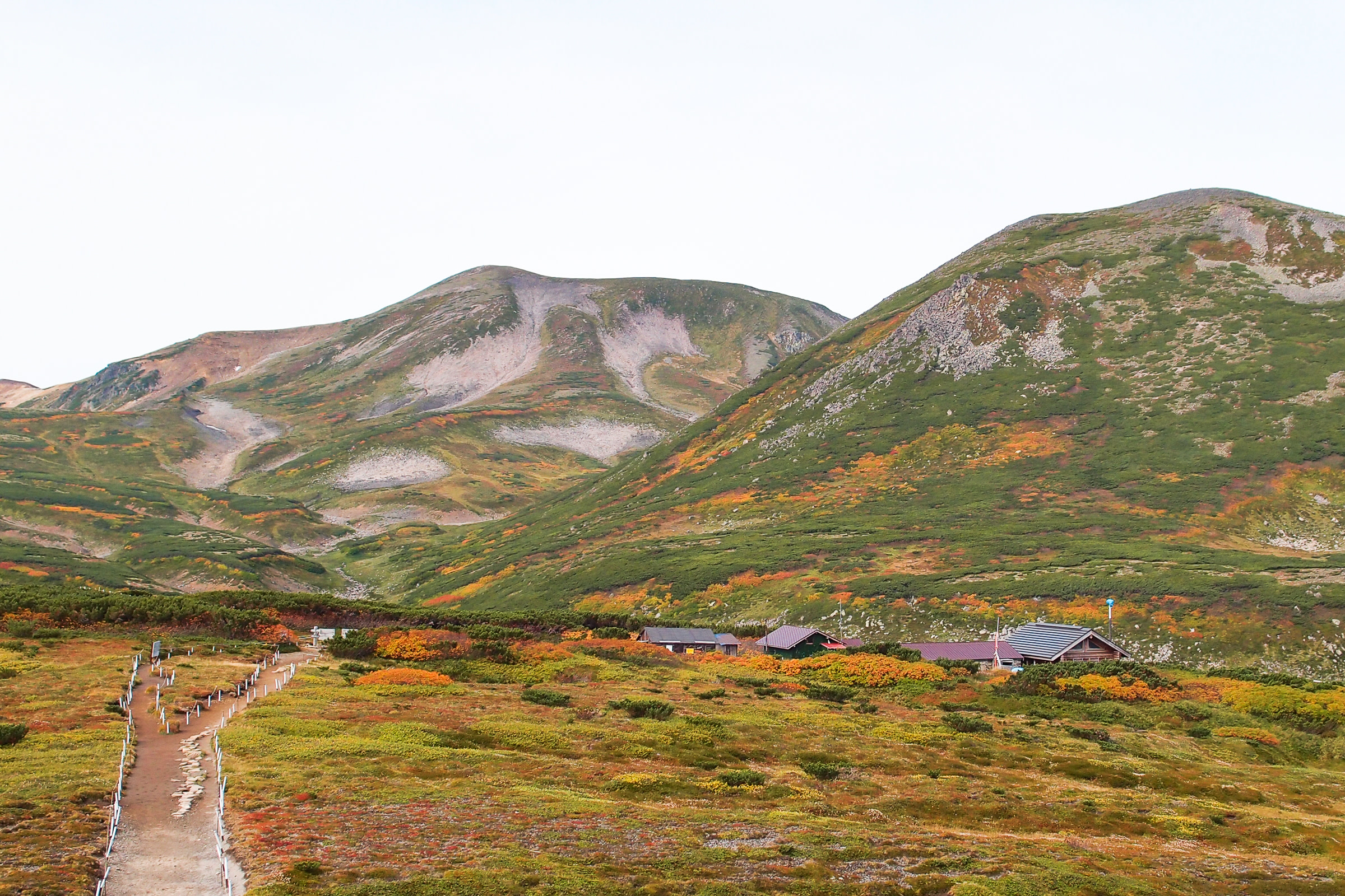 The campsite at Mt. Kurodake framed by beautiful autumn patchwork.