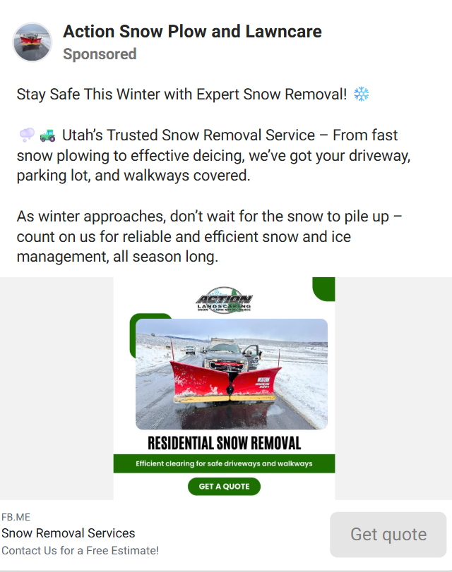 Action Snow Plow and Lawn Care Facebook ad example