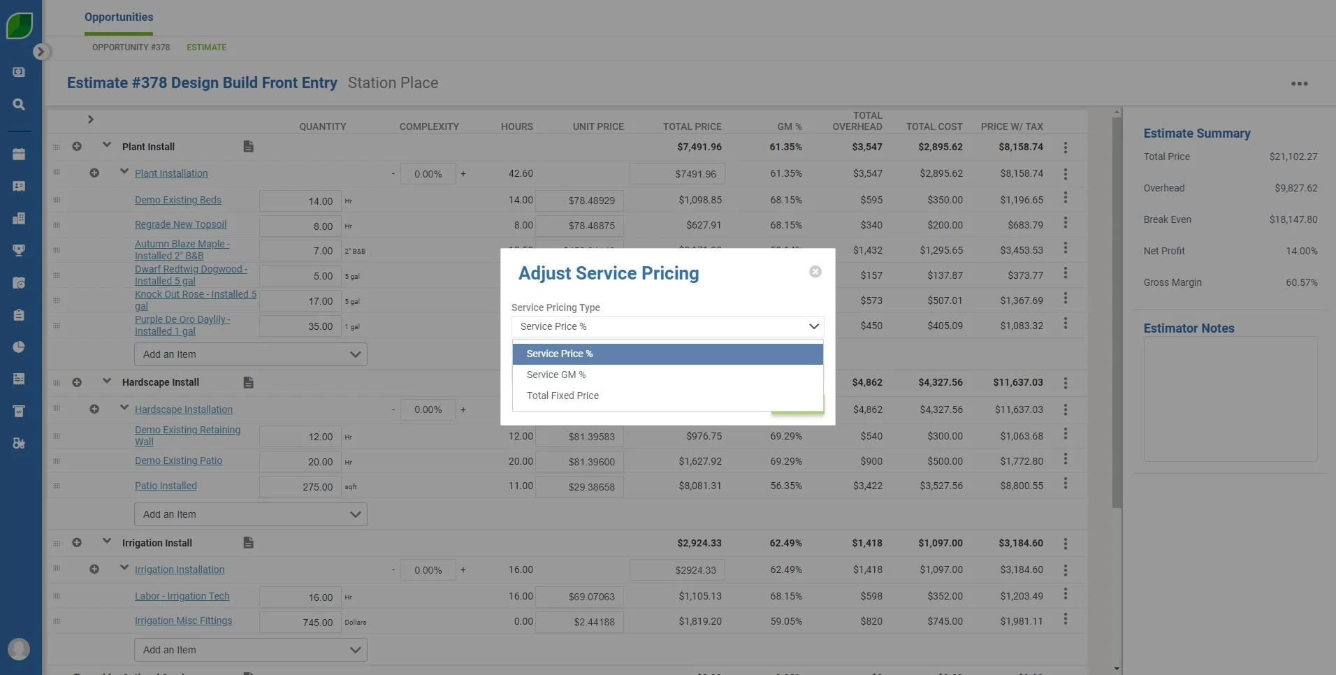 Aspire's adjust service pricing feature