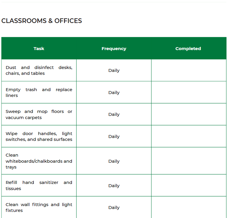 Educational Building Cleaning Checklist