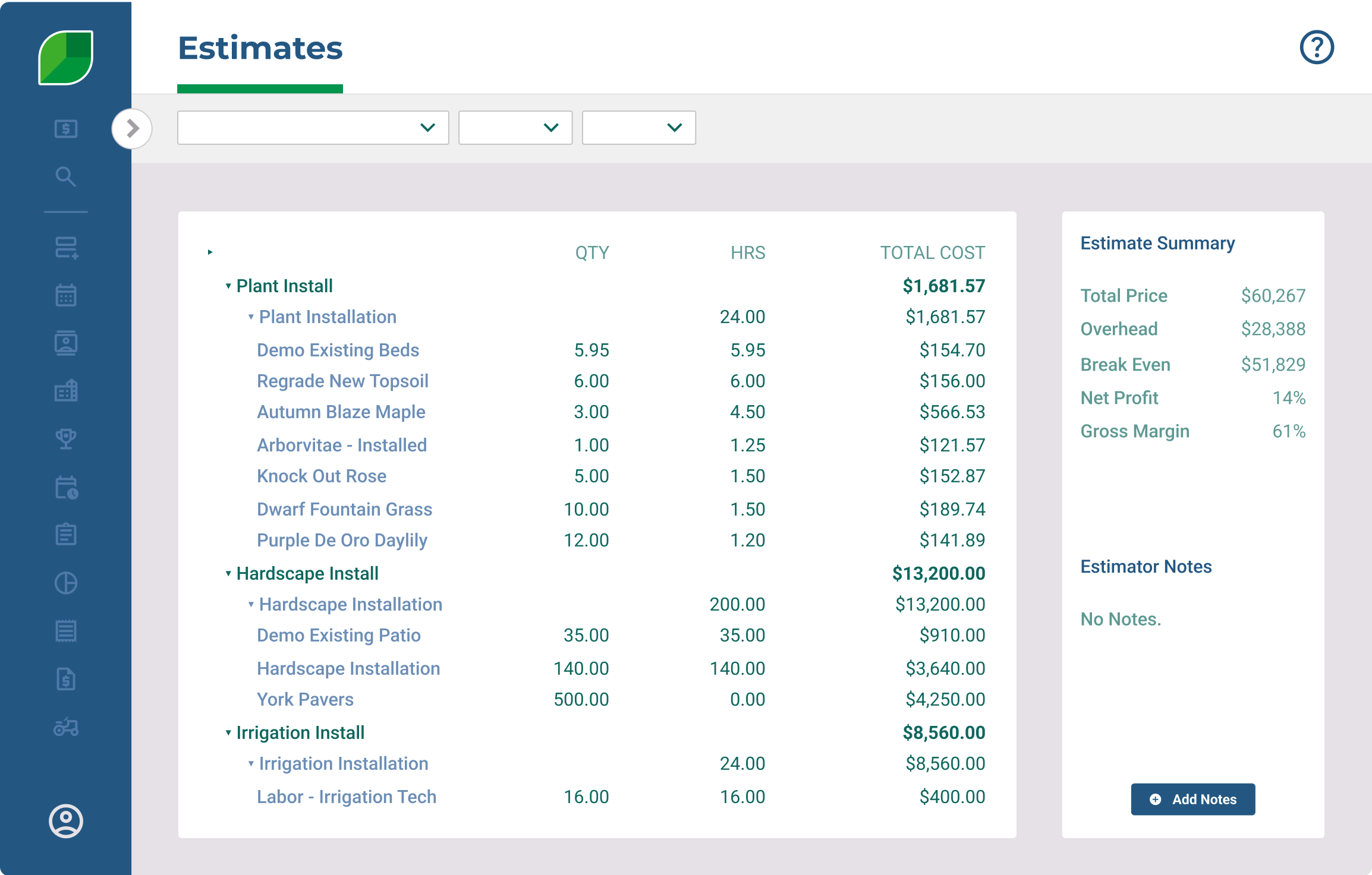 Aspire's Estimates page