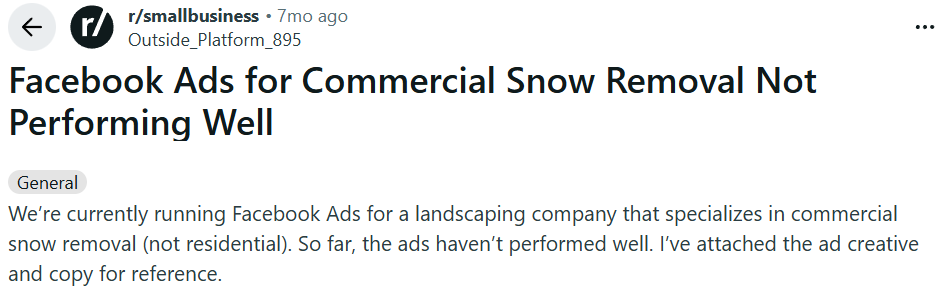 Redditor example of poor Facebook ad performance