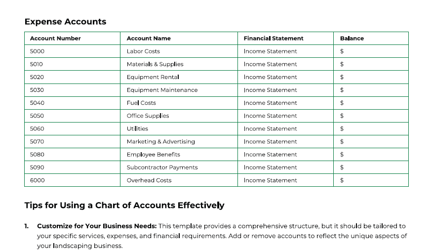 Screenshot 3 | Landscaping Chart of Accounts Template 