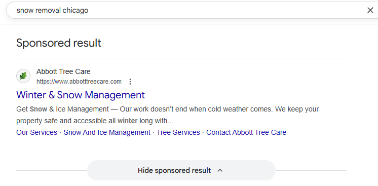 Snow removal PPC ad