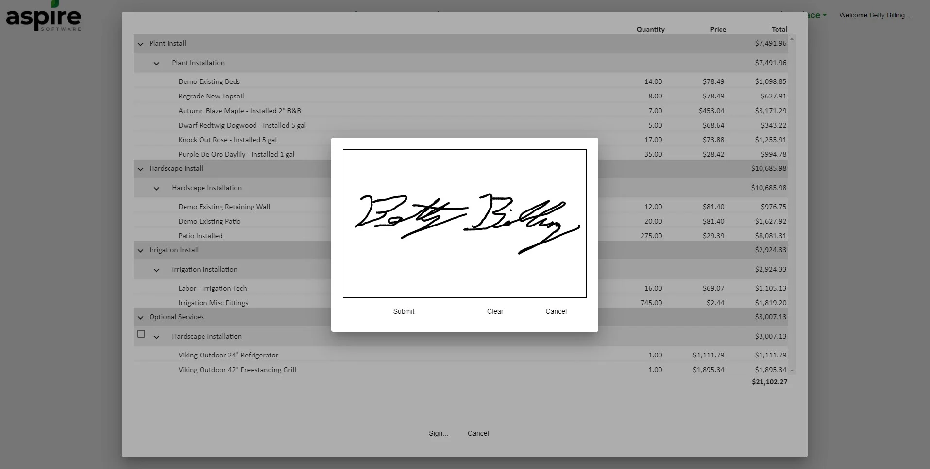 Product Screenshot | Estimating [Signature]